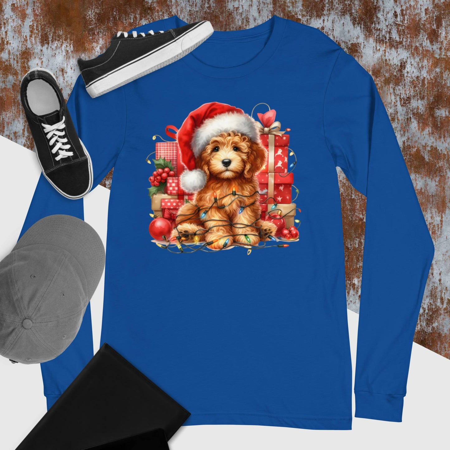 Apricot Christmas Doodle - Adult Unisex Long Sleeve T Shirt Bella + Canvas