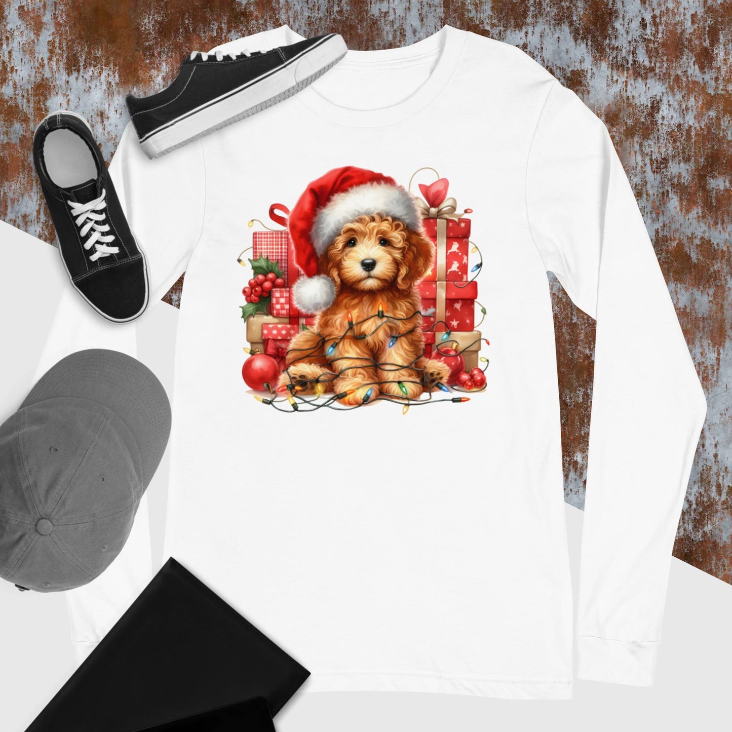 Apricot Christmas Doodle - Adult Unisex Long Sleeve T Shirt Bella + Canvas