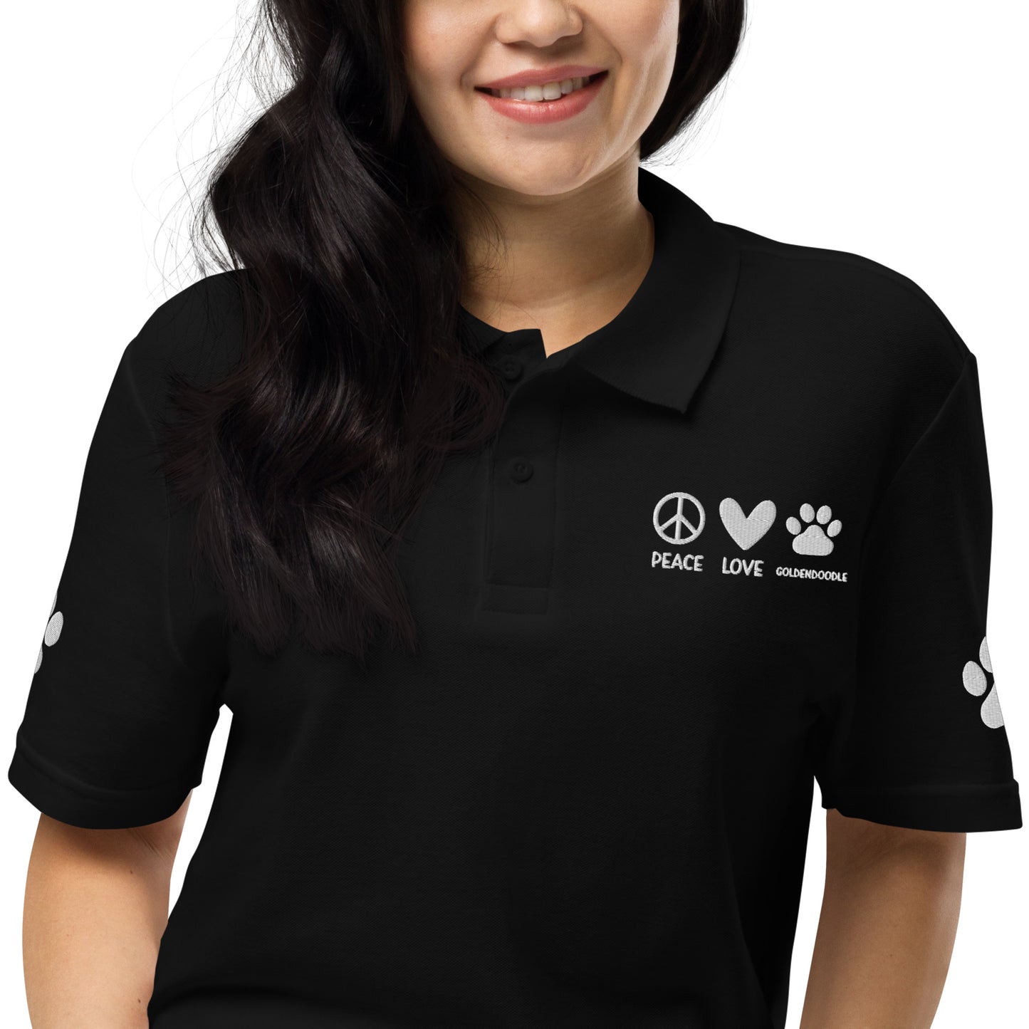 Peace Love Goldendoodle - Paws on the Sleeves - Embroidered Unisex Pique Polo Shirt