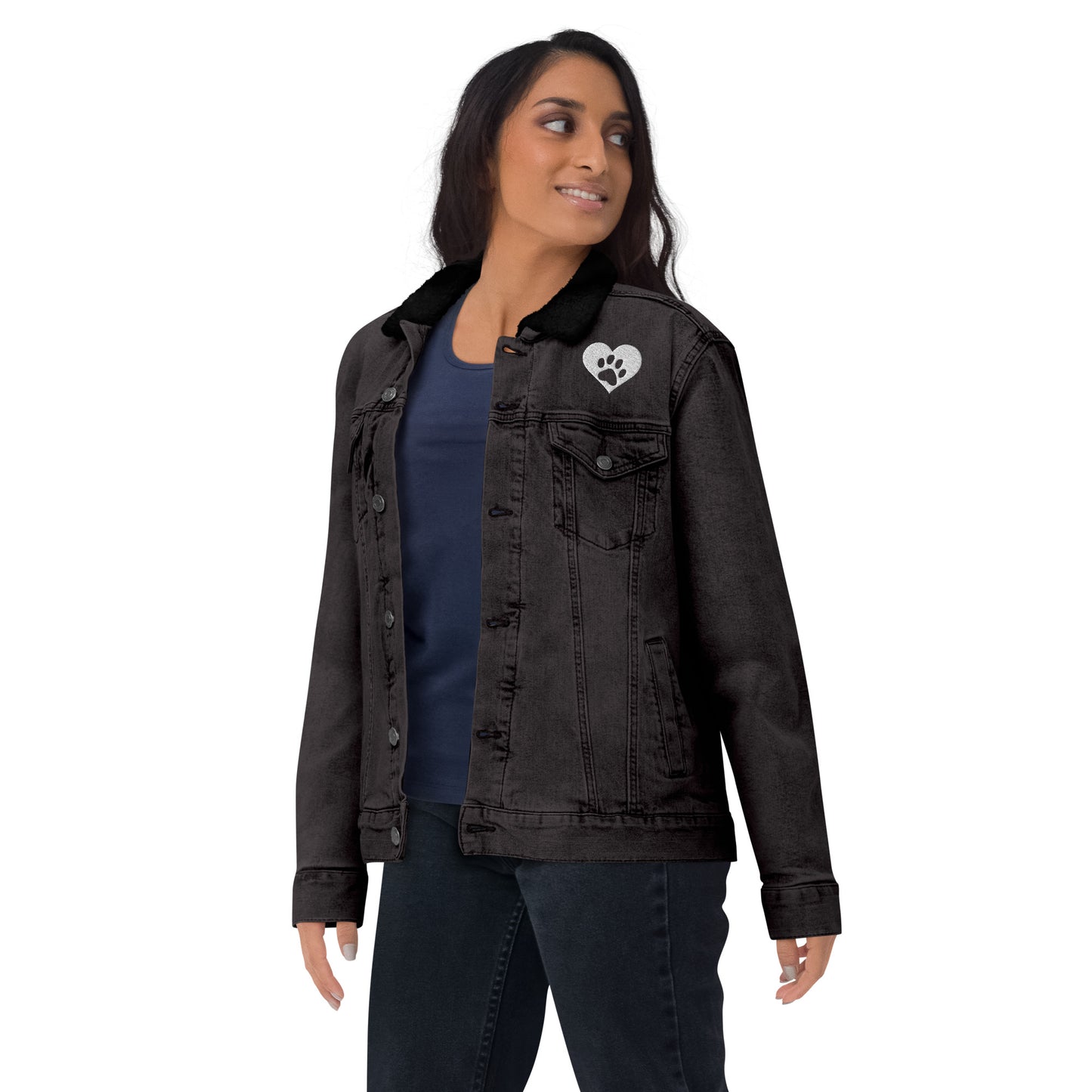 Paw Print Heart Embroidered Unisex Denim Sherpa Jacket