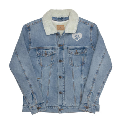 Paw Print Heart Embroidered Unisex Denim Sherpa Jacket