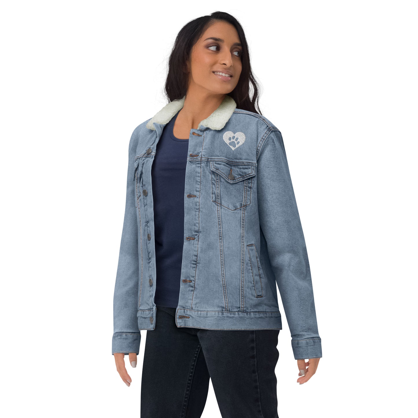 Paw Print Heart Embroidered Unisex Denim Sherpa Jacket