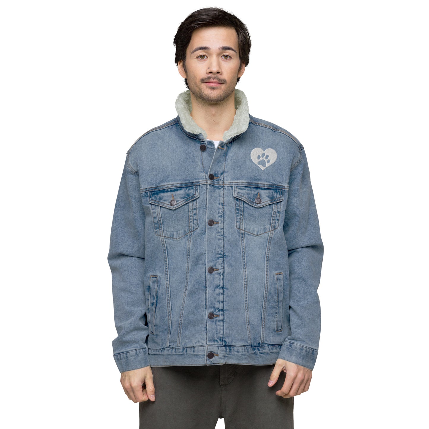 Paw Print Heart Embroidered Unisex Denim Sherpa Jacket