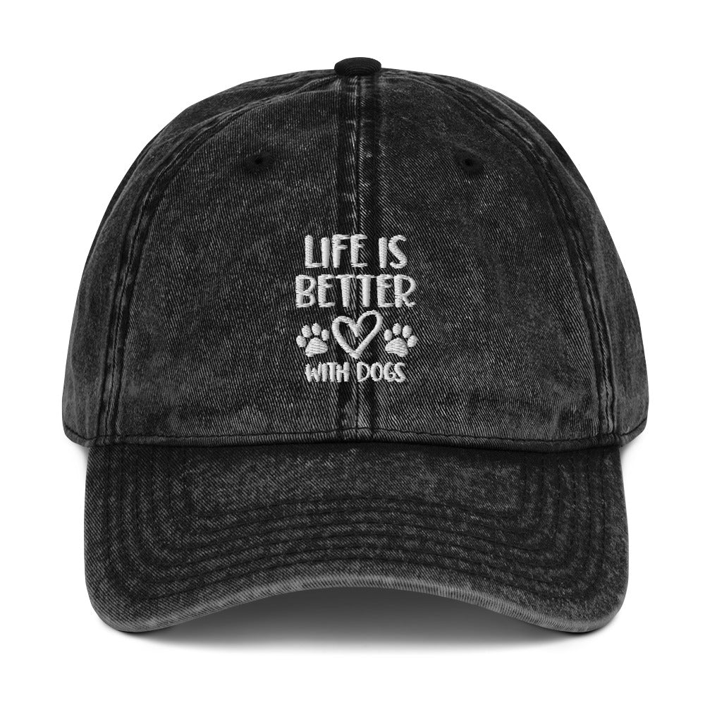 Life is Better with Dogs - Paw Print on Back - Embroidered Vintage Cotton Twill Cap