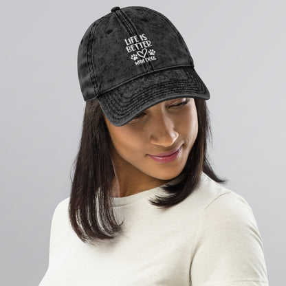 Life is Better with Dogs - Paw Print on Back - Embroidered Vintage Cotton Twill Cap