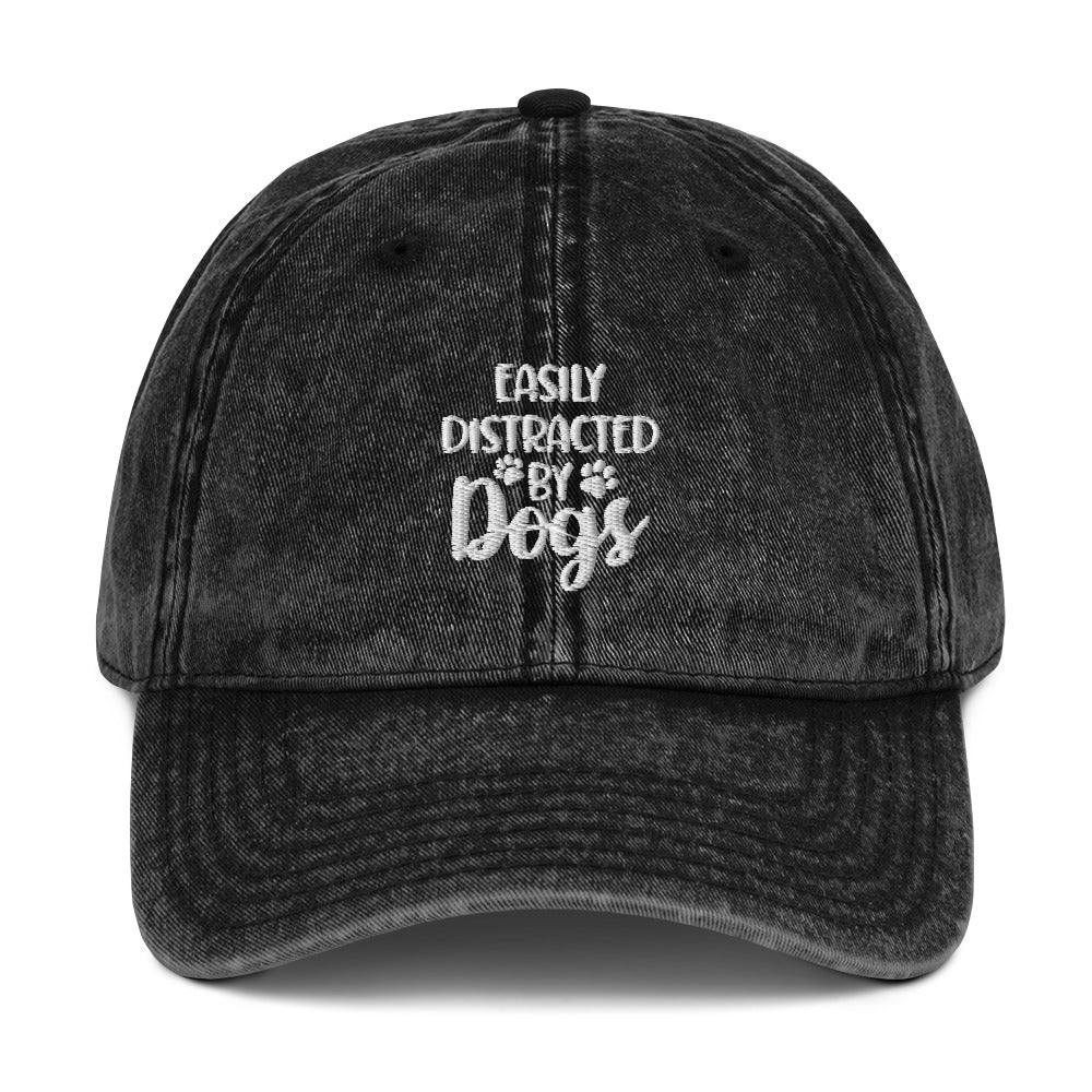 Easily Distracted by Dogs - Paw Print on Back - Embroidered Vintage Cotton Twill Cap