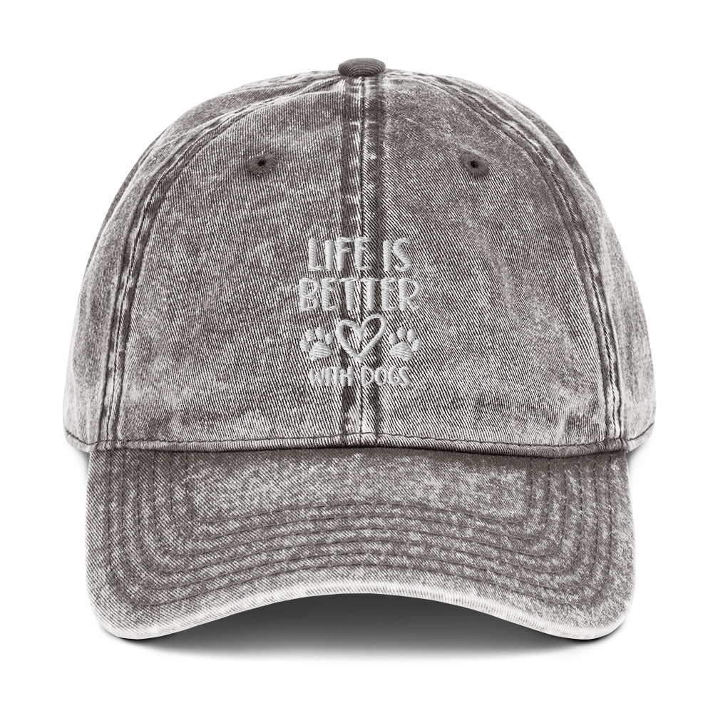 Life is Better with Dogs - Paw Print on Back - Embroidered Vintage Cotton Twill Cap