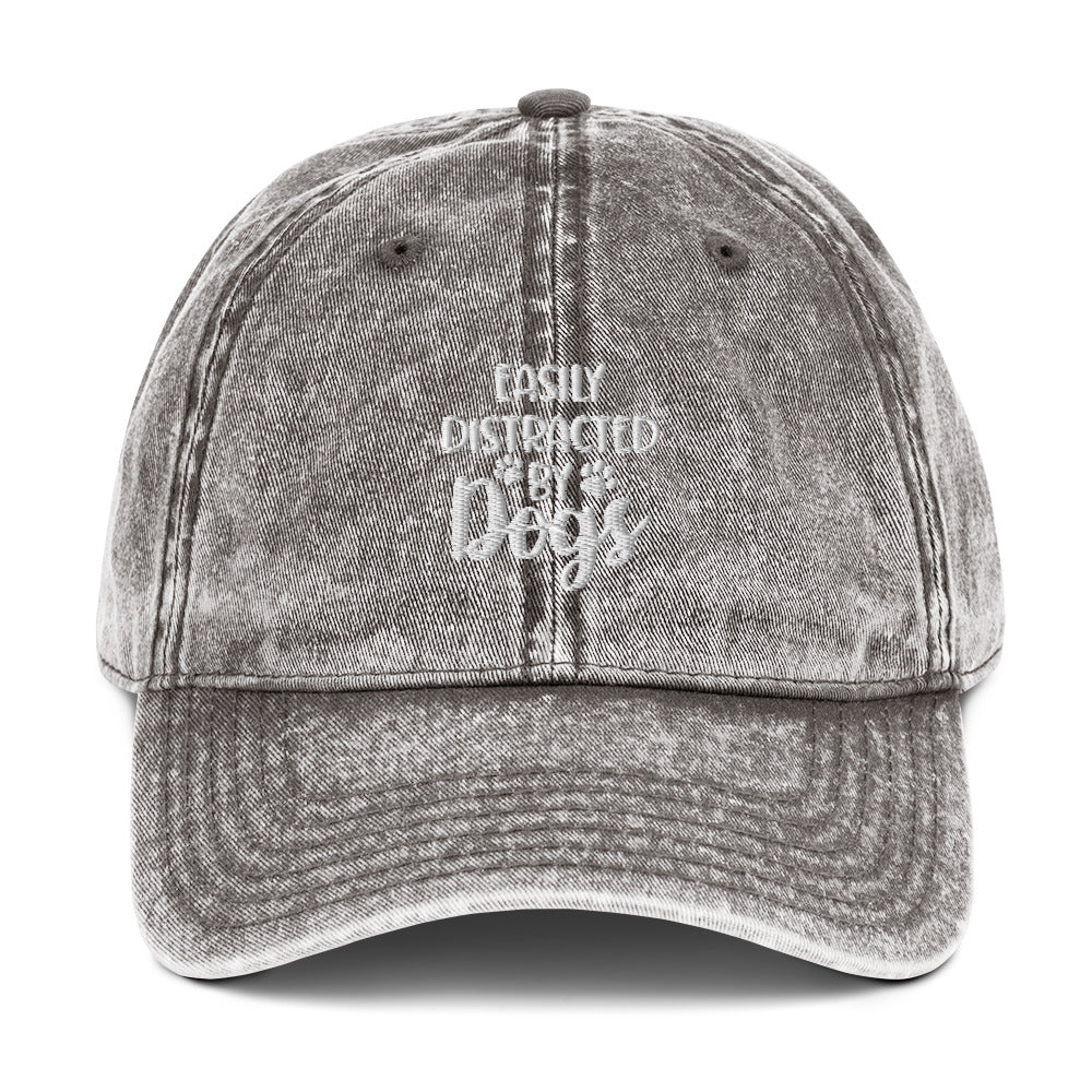 Easily Distracted by Dogs - Paw Print on Back - Embroidered Vintage Cotton Twill Cap