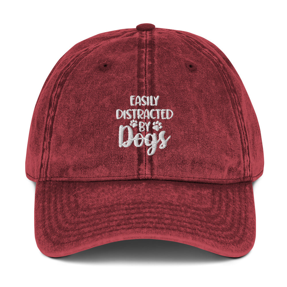 Easily Distracted by Dogs - Paw Print on Back - Embroidered Vintage Cotton Twill Cap