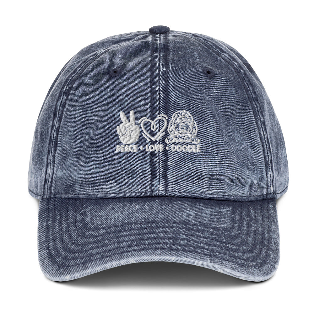 Peace Love Doodle - Paw Print on Back - Embroidered Vintage Cotton Twill Cap