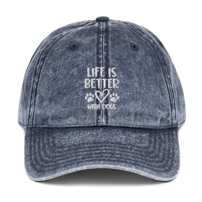 Life is Better with Dogs - Paw Print on Back - Embroidered Vintage Cotton Twill Cap