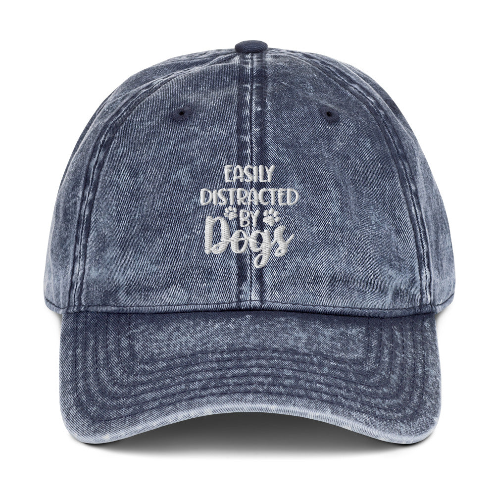 Easily Distracted by Dogs - Paw Print on Back - Embroidered Vintage Cotton Twill Cap