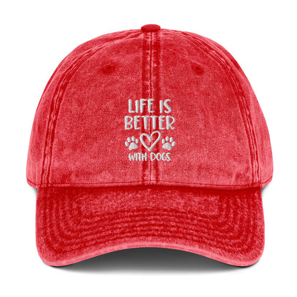 Life is Better with Dogs - Paw Print on Back - Embroidered Vintage Cotton Twill Cap