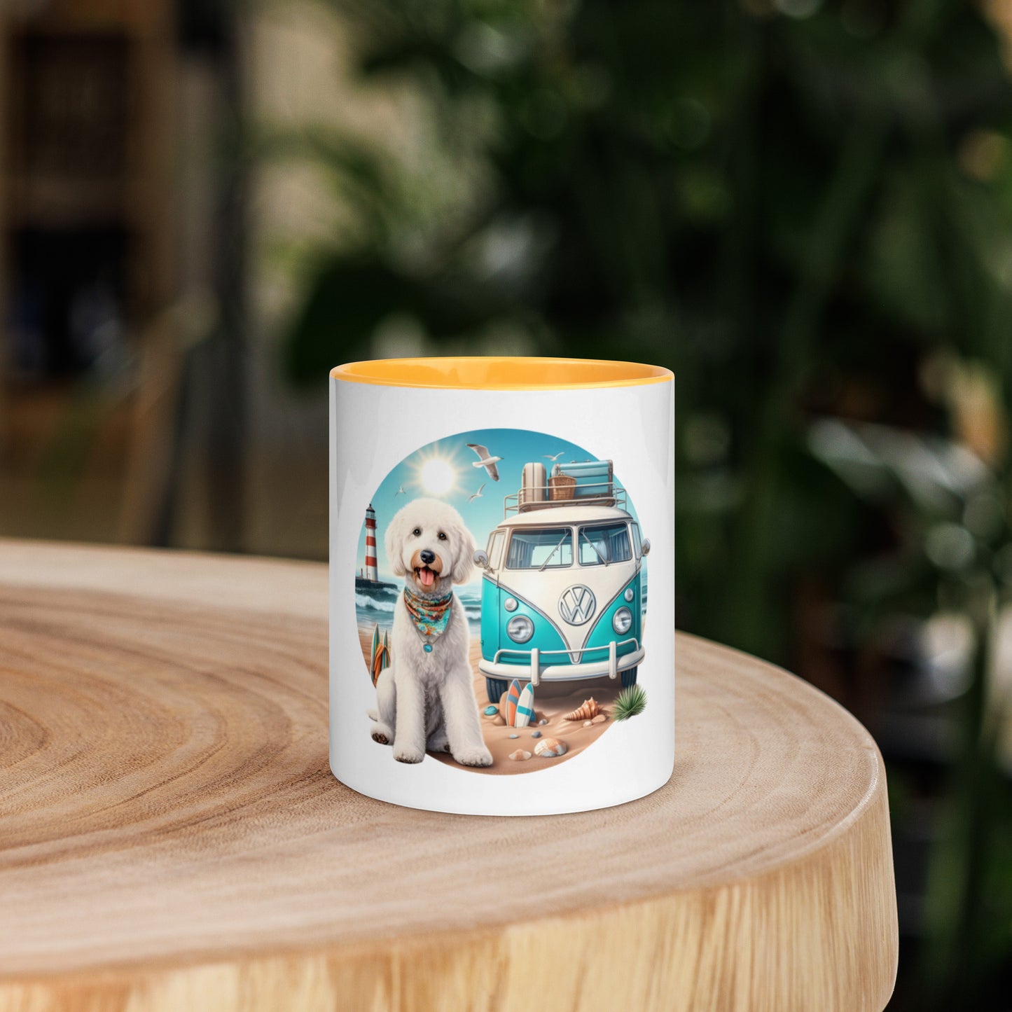 White Doodle VW Bus Mug with Color Inside