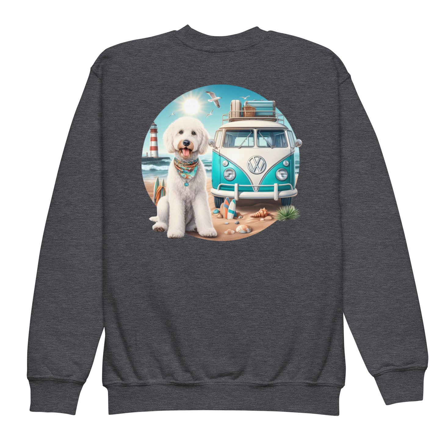 White Doodle VW Bus Youth Crewneck Sweatshirt