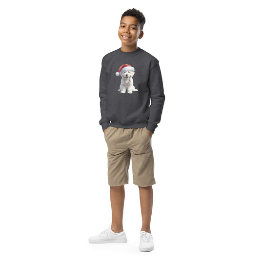 White Santa Doodle Puppy Youth Crewneck Sweatshirt