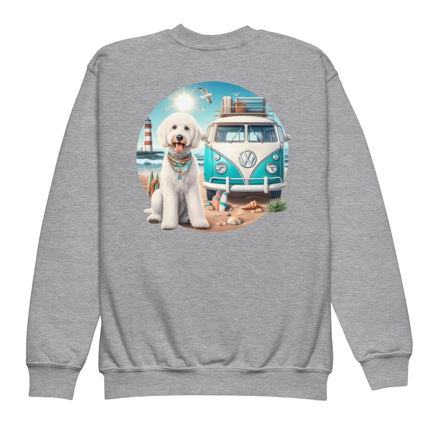 White Doodle VW Bus Youth Crewneck Sweatshirt