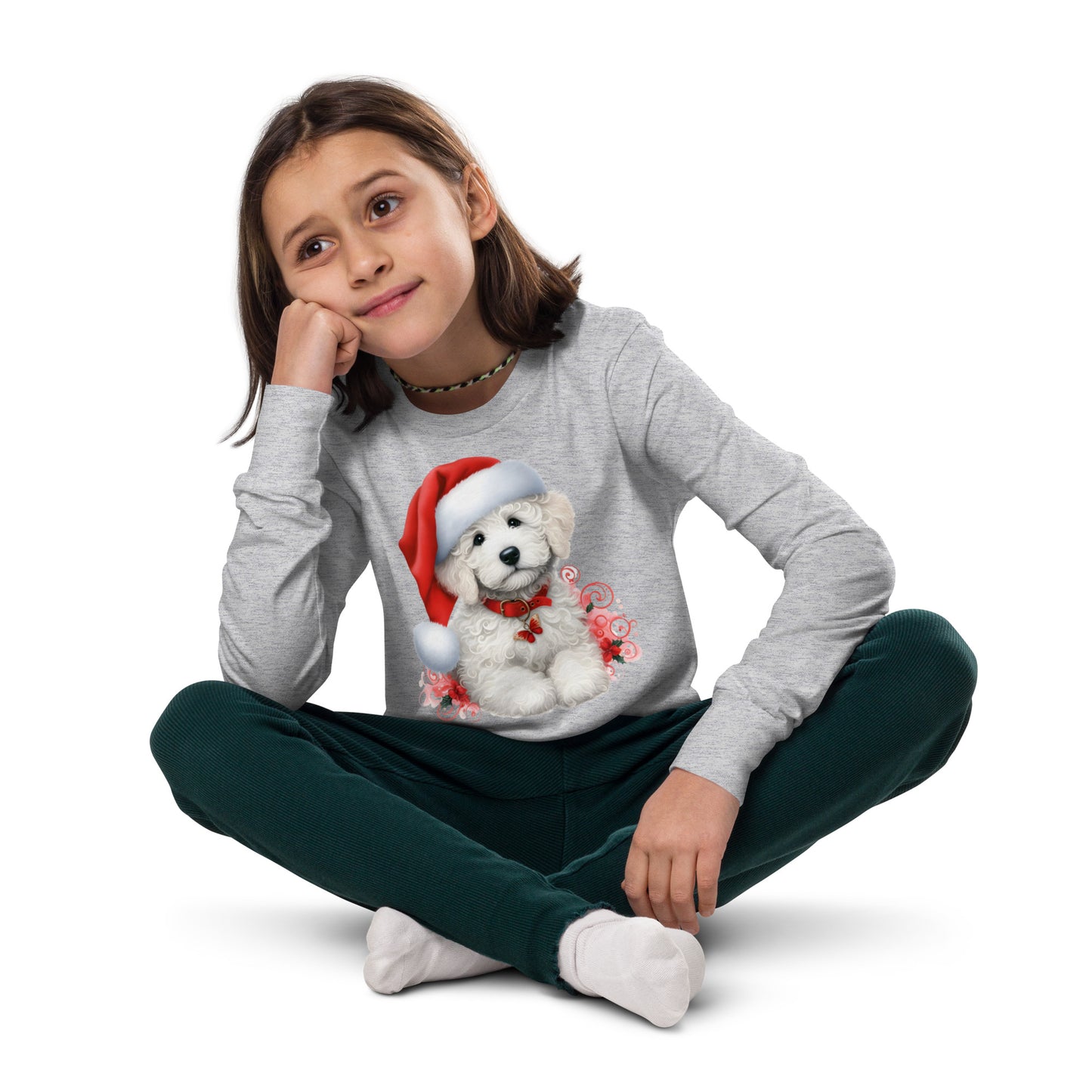 White Doodle Christmas Puppy - Unisex Youth Long Sleeve T Shirt