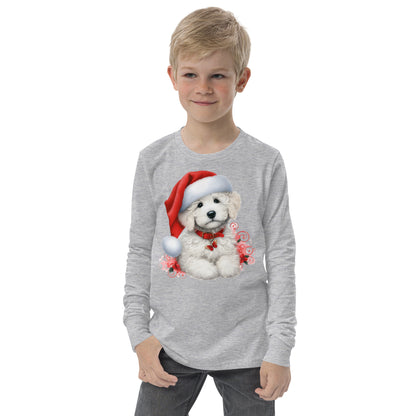 White Doodle Christmas Puppy - Unisex Youth Long Sleeve T Shirt