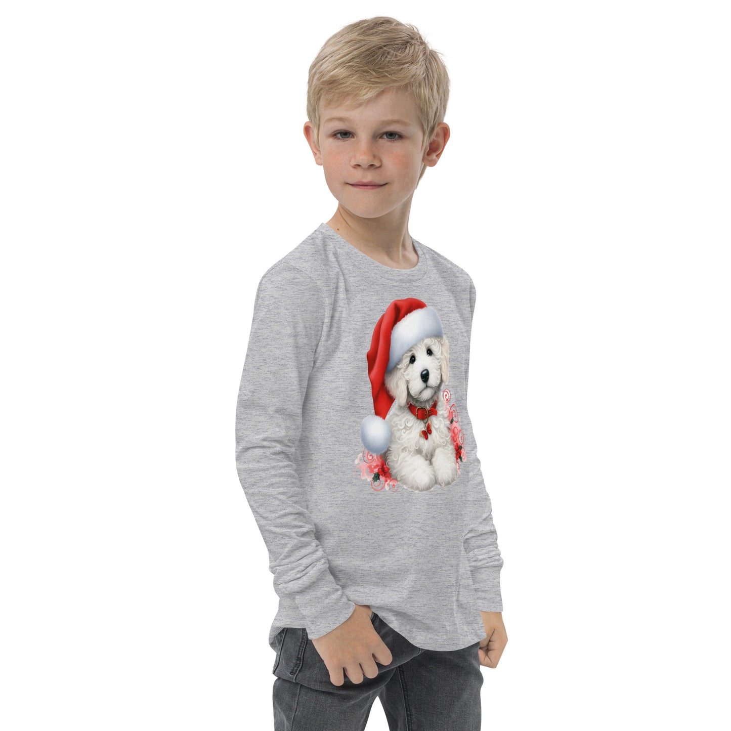 White Doodle Christmas Puppy - Unisex Youth Long Sleeve T Shirt