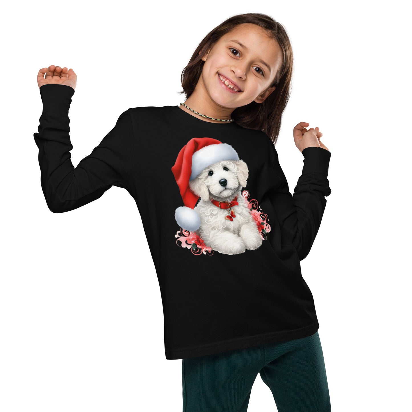 White Doodle Christmas Puppy - Unisex Youth Long Sleeve T Shirt