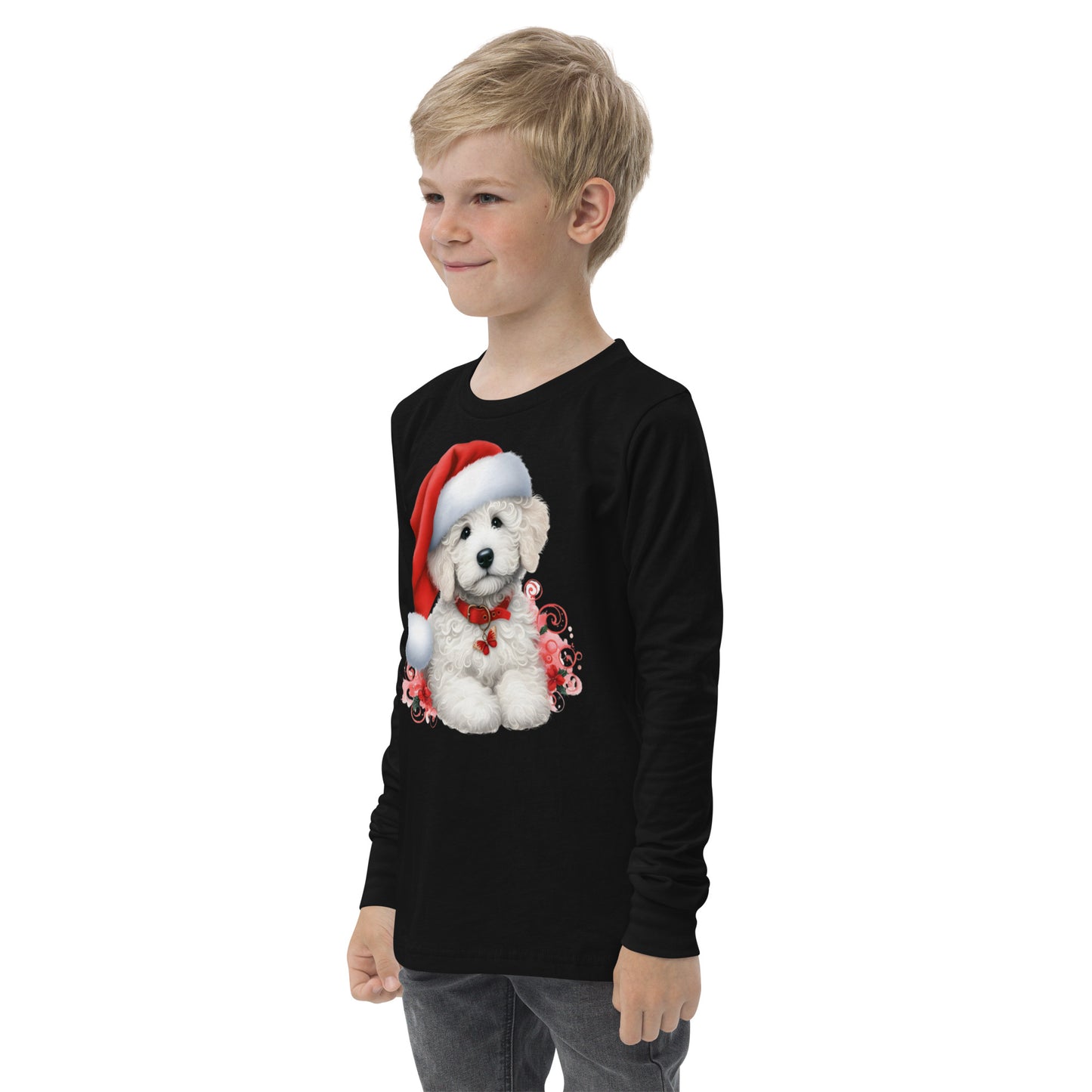 White Doodle Christmas Puppy - Unisex Youth Long Sleeve T Shirt