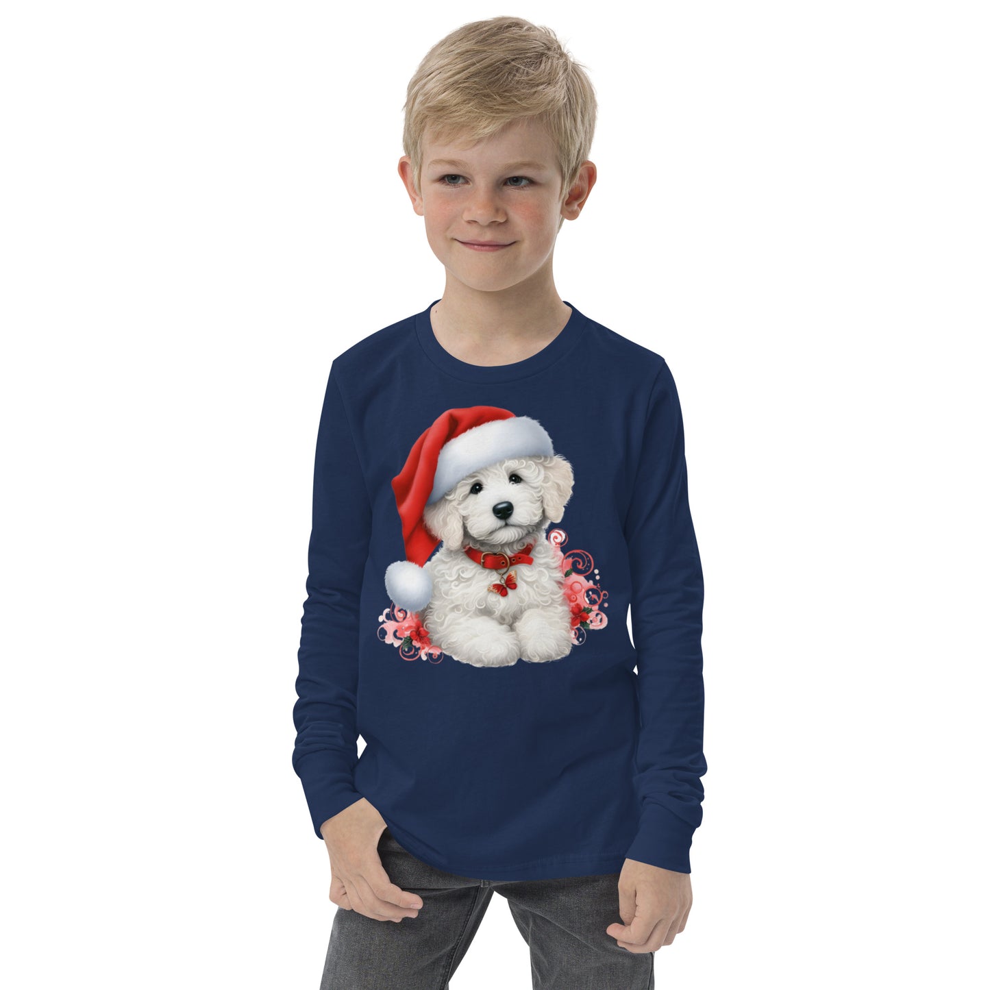 White Doodle Christmas Puppy - Unisex Youth Long Sleeve T Shirt