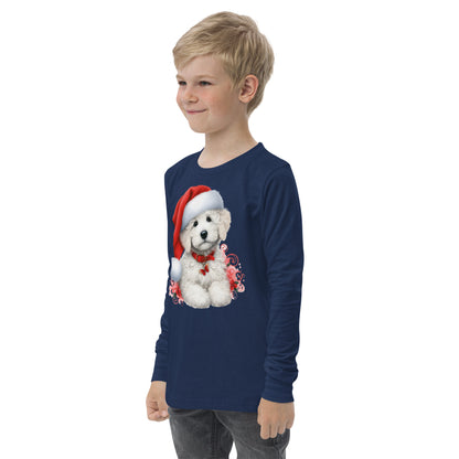 White Doodle Christmas Puppy - Unisex Youth Long Sleeve T Shirt