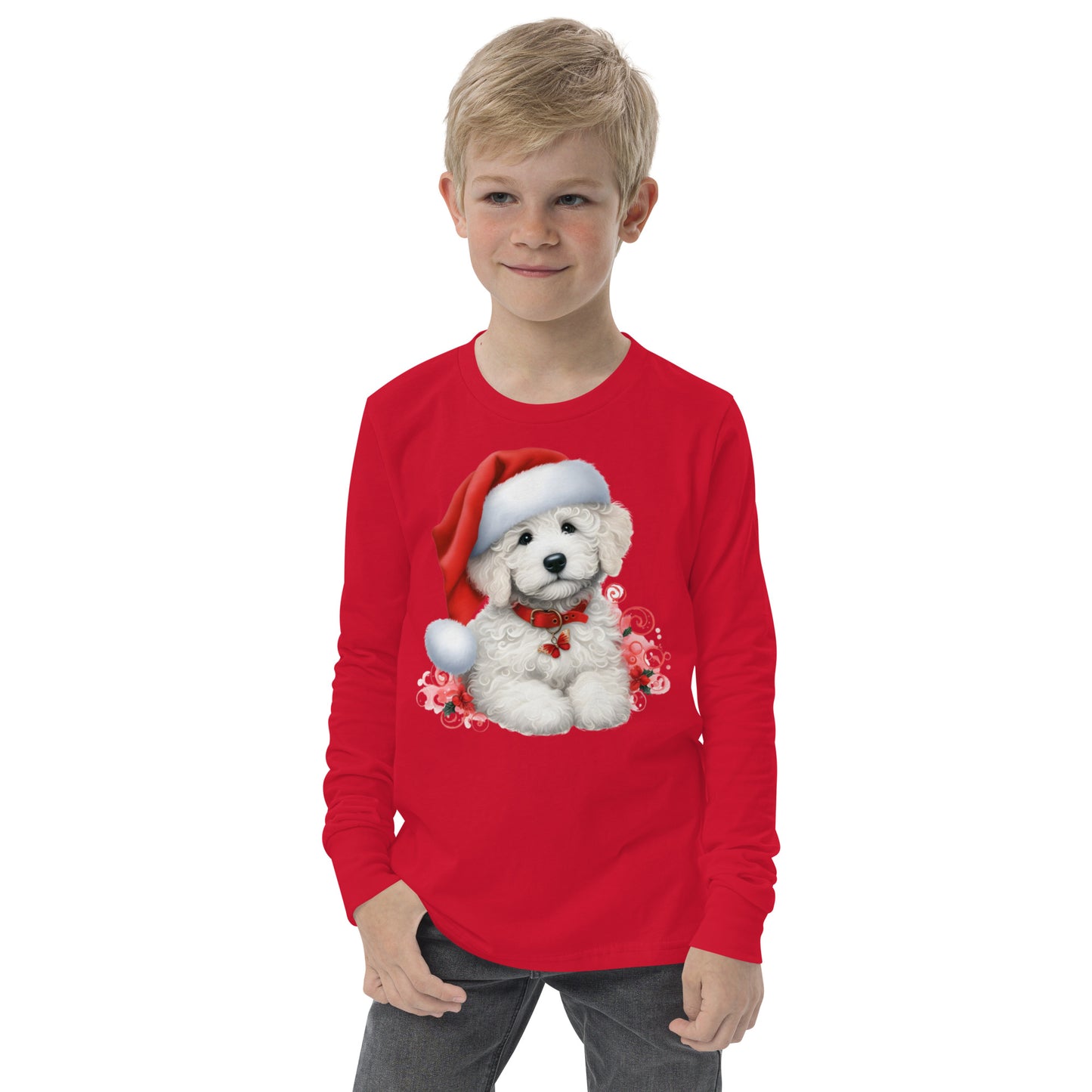 White Doodle Christmas Puppy - Unisex Youth Long Sleeve T Shirt