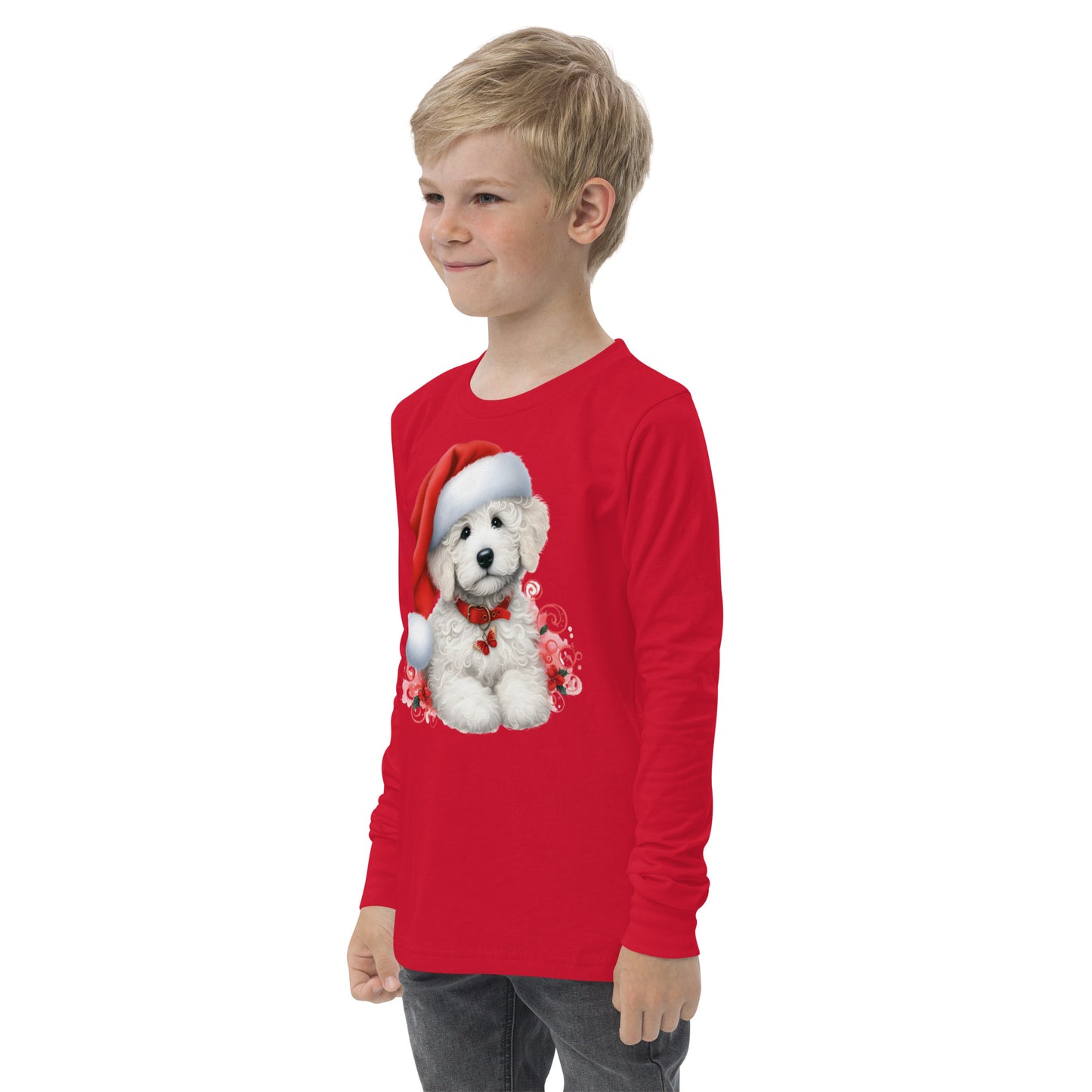 White Doodle Christmas Puppy - Unisex Youth Long Sleeve T Shirt