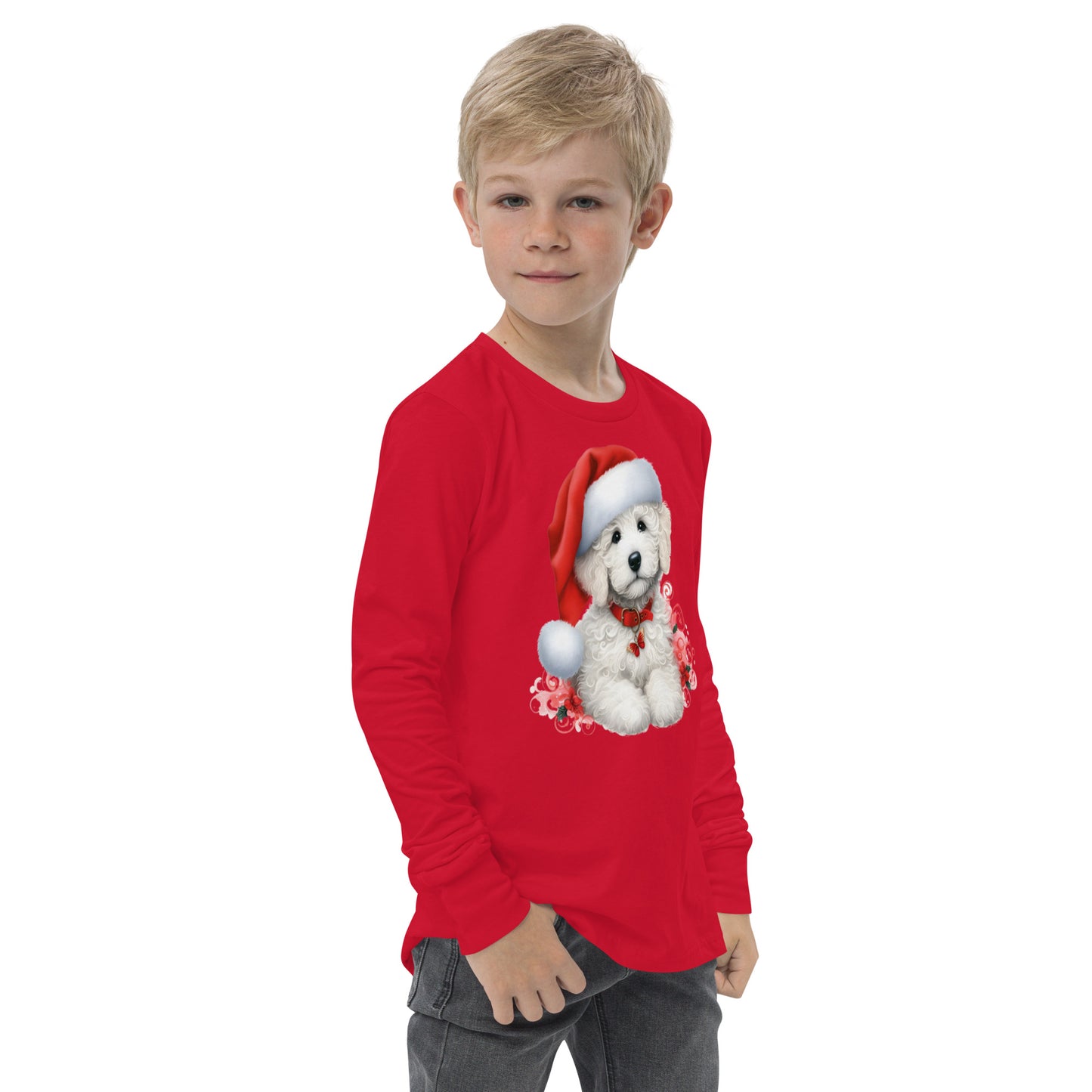 White Doodle Christmas Puppy - Unisex Youth Long Sleeve T Shirt