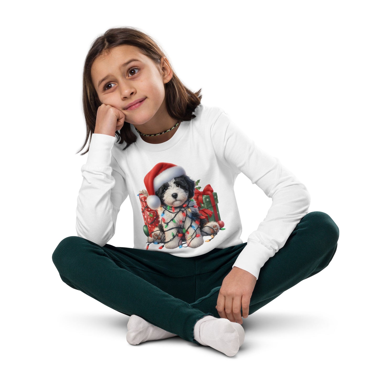 Black & White Christmas Doodle - Unisex Youth Long Sleeve T Shirt