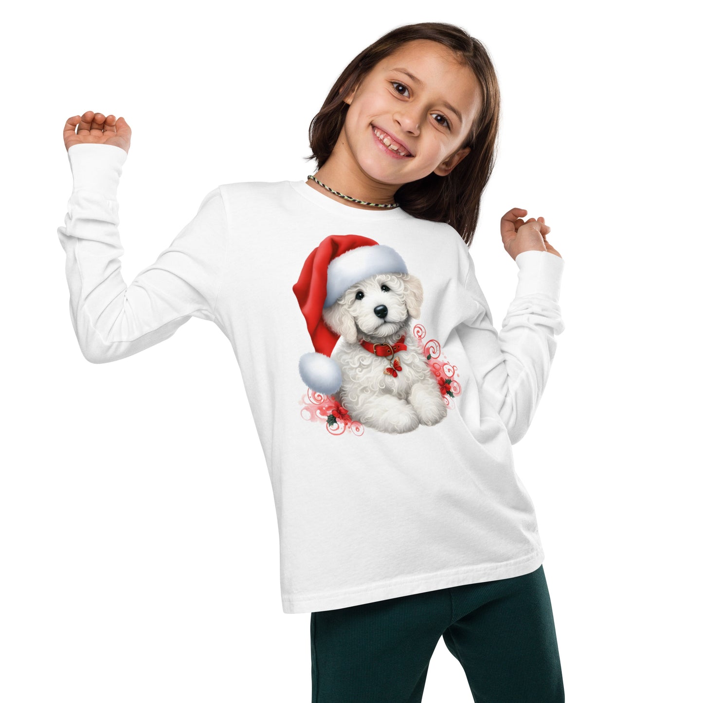 White Doodle Christmas Puppy - Unisex Youth Long Sleeve T Shirt