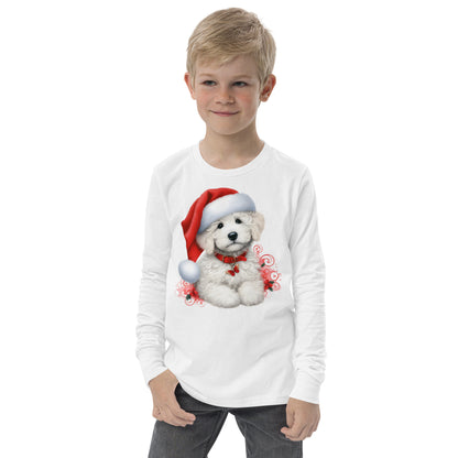 White Doodle Christmas Puppy - Unisex Youth Long Sleeve T Shirt