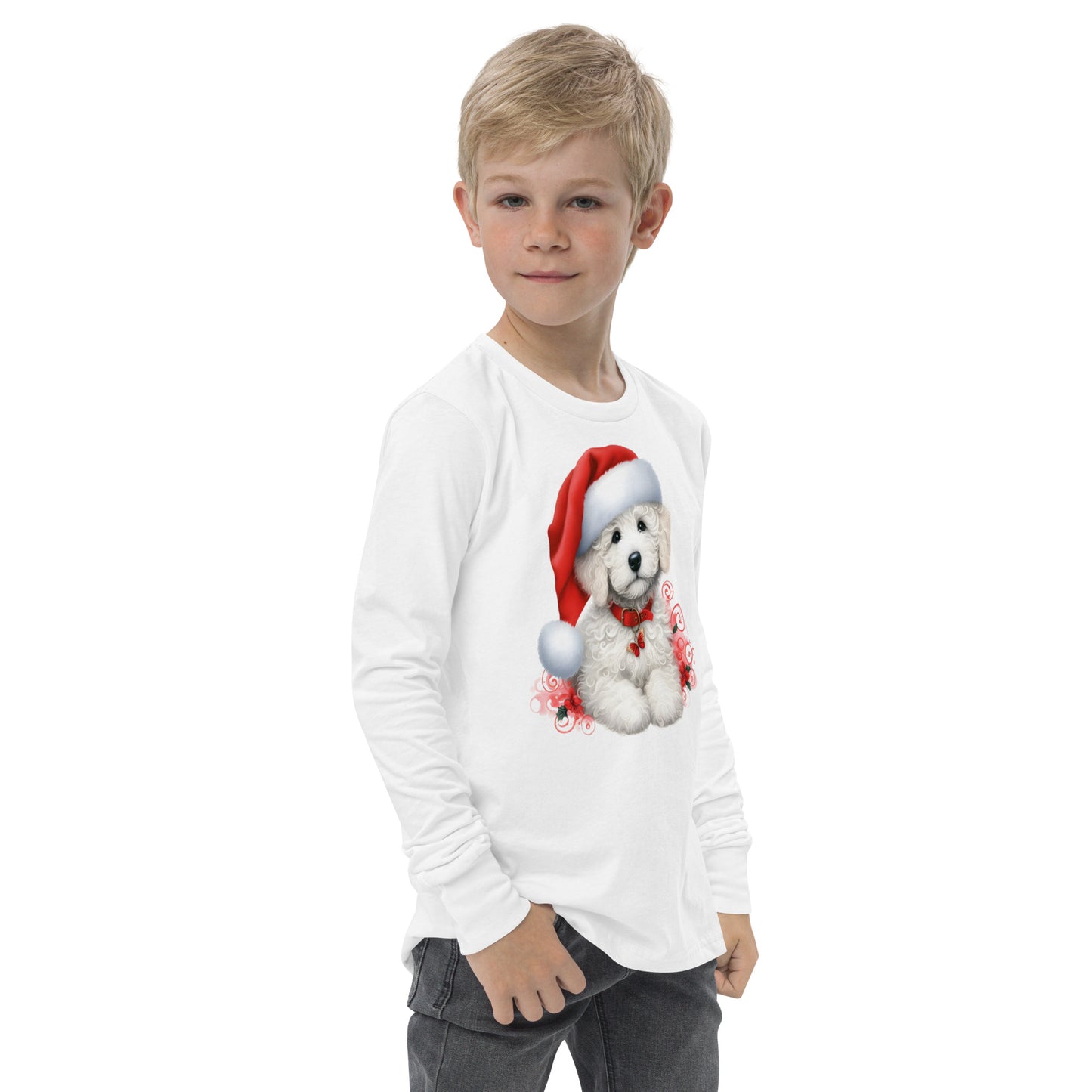 White Doodle Christmas Puppy - Unisex Youth Long Sleeve T Shirt